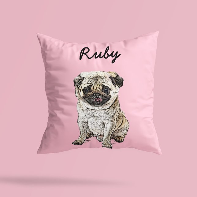 Modern Pug Dog Illustration | Add Name  Kudde (Skapare uppladdad)