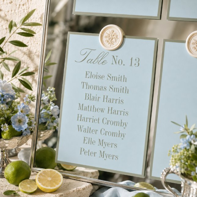 Modern Pulverblå Bröllopsställningskarta Bordsnummer (Modern Powder Blue Wedding Seating Chart Table Number)