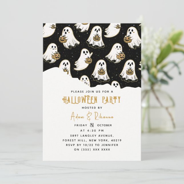 Modern Pumpa & Spök Halloween Inbjudningar (Stående Fram)