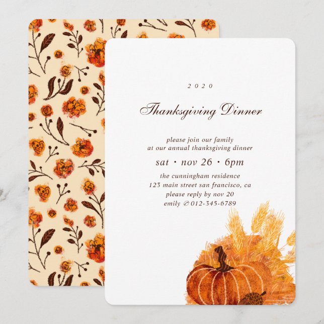Modern Pumpkin Flower Mönster-Thanksgiving-middag Inbjudningar (Fram/baksida)
