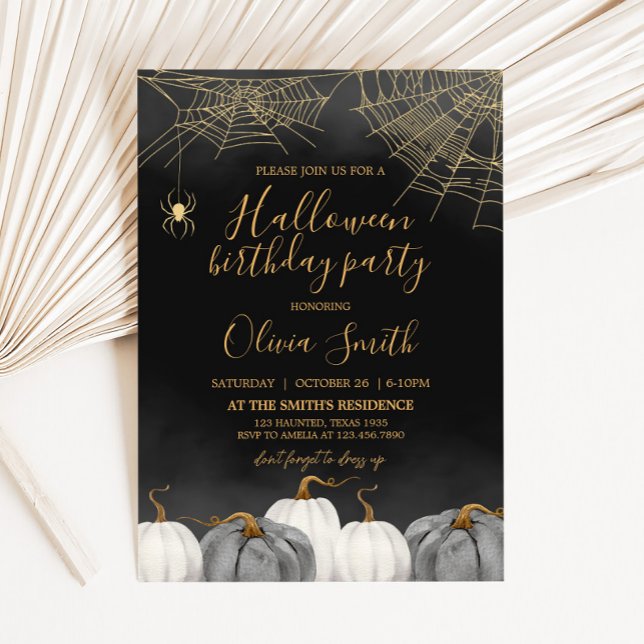 Modern Pumpkin Spider Halloween-Födelsedagsfest Inbjudningar (Modern Adult Halloween Birthday Party Invitation)