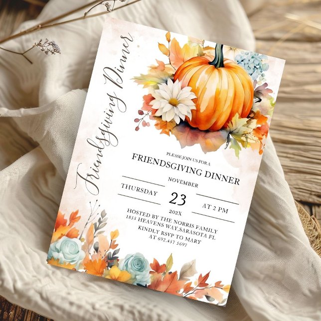 Modern Pumpkin Watercolor Friendsgiving-middag Inbjudningar (Skapare uppladdad)