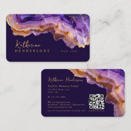 Modern Purple Agate & gold glitter marble QR Code Visitkort