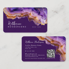 Modern Purple Agate & gold glitter marble QR Code Visitkort