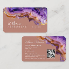 Modern Purple Agate & gold glitter marble QR Code Visitkort