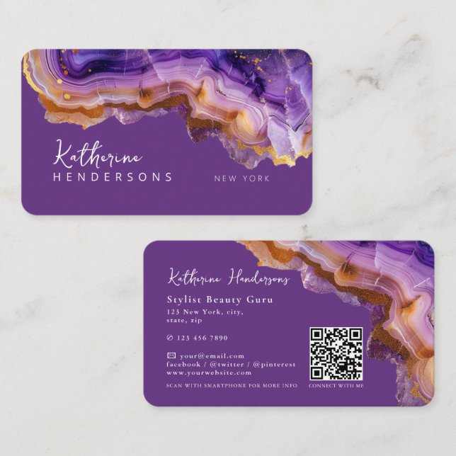 Modern Purple Agate & gold glitter marble QR Code Visitkort (Fram/baksida)