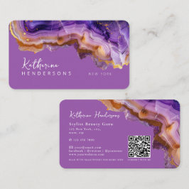 Modern Purple Agate & gold glitter marble QR Code Visitkort
