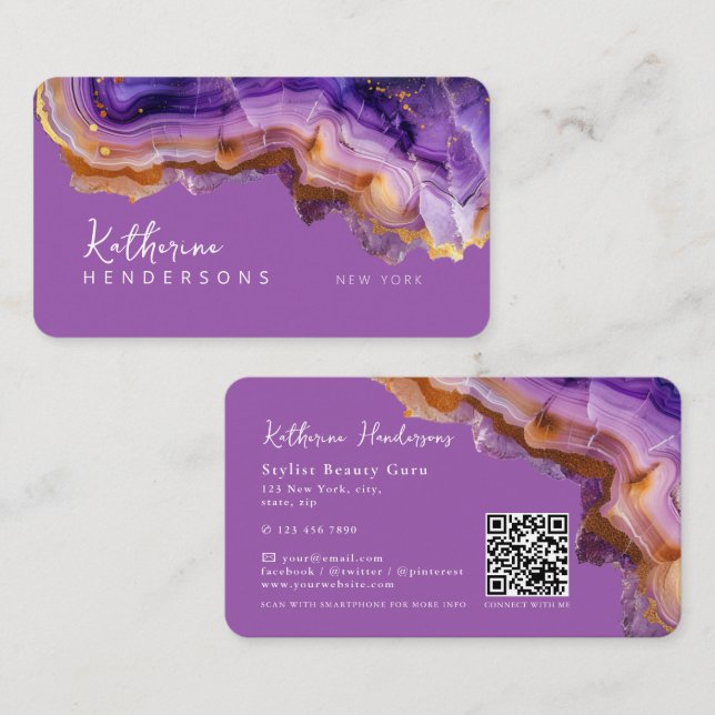 Modern Purple Agate & gold glitter marble QR Code Visitkort (Fram/baksida)