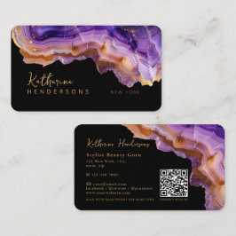 Modern Purple Agate & gold glitter marble QR Code Visitkort