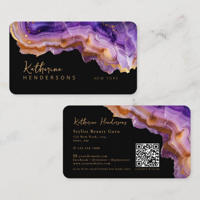 Modern Purple Agate & gold glitter marble QR Code Visitkort (Fram/baksida)