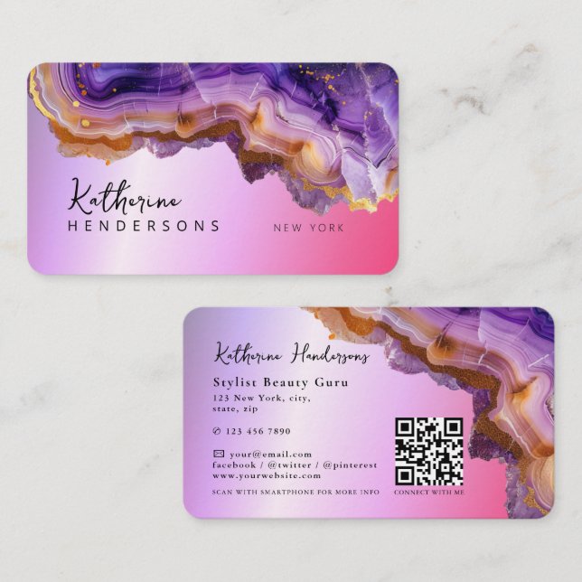 Modern Purple Agate & gold glitter marble QR Code Visitkort (Fram/baksida)