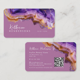 Modern Purple Agate & gold glitter marble QR Code Visitkort