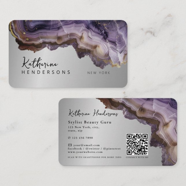 Modern Purple Agate & gold glitter marble QR Code Visitkort (Fram/baksida)