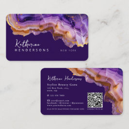 Modern Purple Agate & gold glitter marble QR Code Visitkort