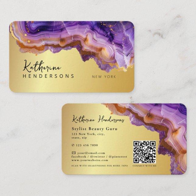 Modern Purple Agate & gold glitter marble QR Code Visitkort (Fram/baksida)