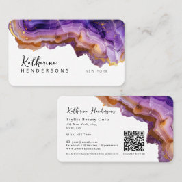 Modern Purple Agate & gold glitter marble QR Code Visitkort
