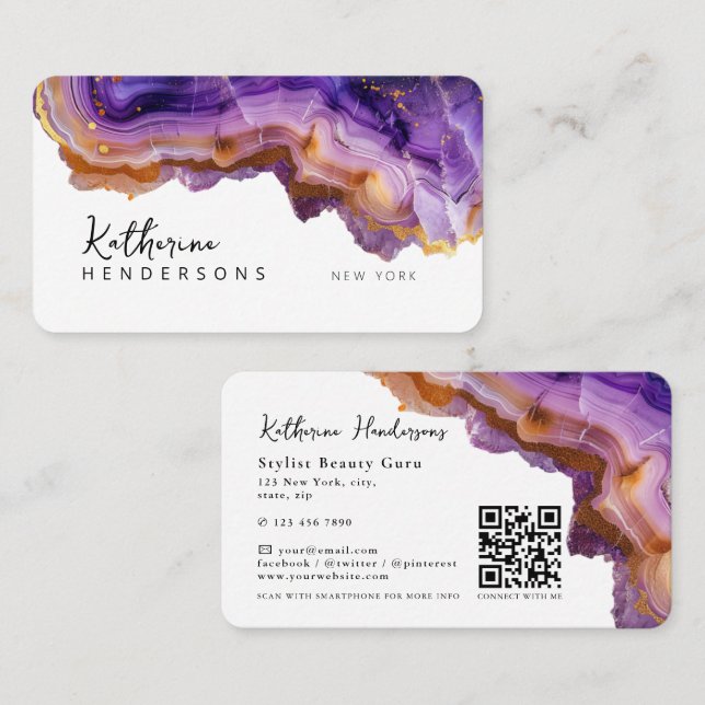 Modern Purple Agate & gold glitter marble QR Code Visitkort (Fram/baksida)