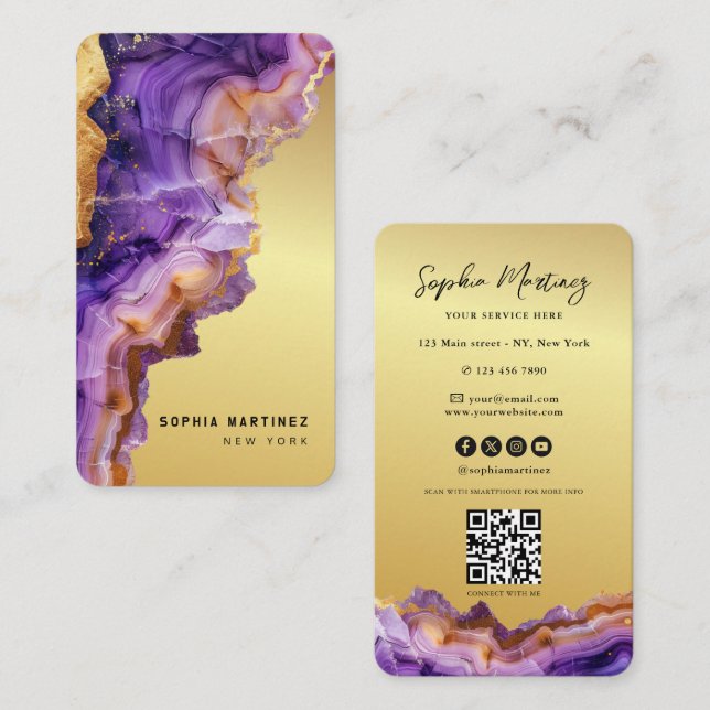 Modern Purple Agate gold marble & QR Code Logo Visitkort (Fram/baksida)