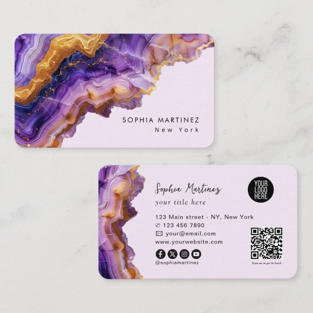 Modern Purple Agate gold marble & QR Code Logo Visitkort (Fram/baksida)
