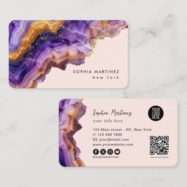 Modern Purple Agate gold marble & QR Code Logo Visitkort (Fram/baksida)