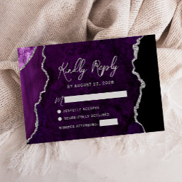 Modern Purple Agate Silver Script Wedding RSVP OSA Kort
