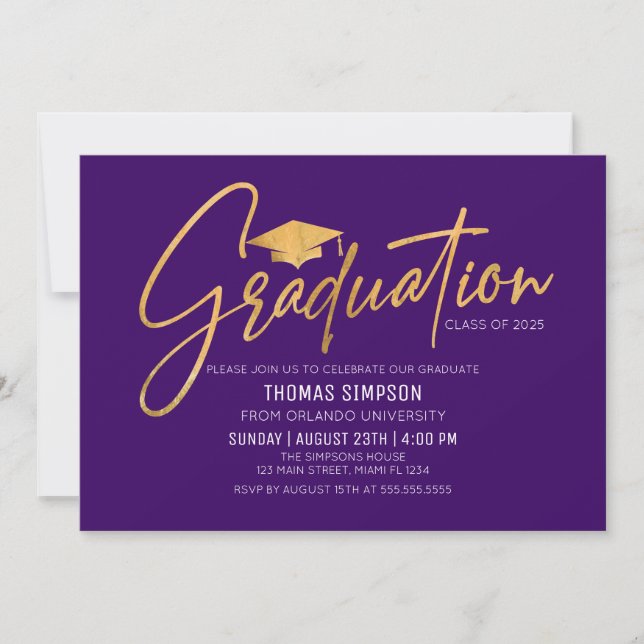 Modern purple and gold Graduation Invitation Inbjudningar (Framsida)