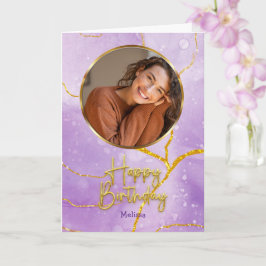 Modern Purple and Gold  Photo & Name Birthday Kort