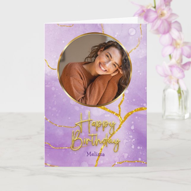 Modern Purple and Gold  Photo & Name Birthday Kort (Orkide)