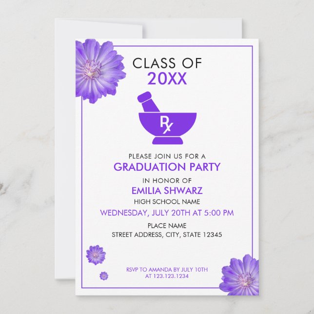 Modern Purple Floral Pharmacist Graduation Party Inbjudningar (Framsida)