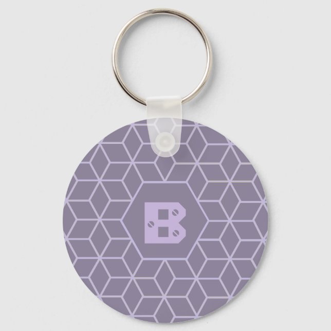Modern Purple Geometric Cubes Pattern Monogram Nyckelring (Framsida)