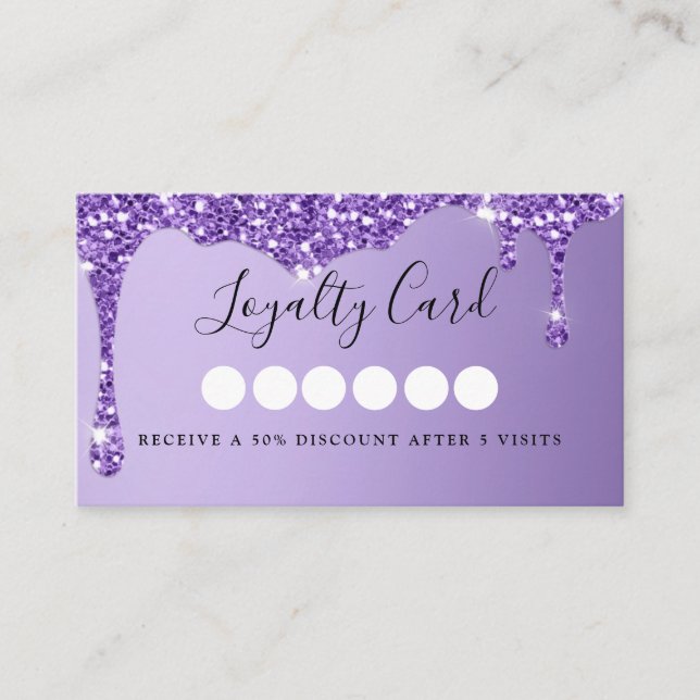 Modern Purple Glitter Drop Salong & Spa Loajalitet Visitkort (Framsida)