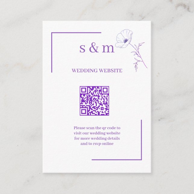 Modern Purple Line Art Flo QR Code Wedding Website Tilläggskort (Framsida)