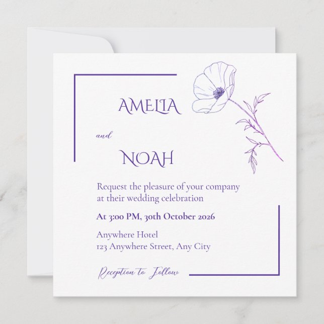 Modern Purple Line Art Floral Wedding Invitation Inbjudningar (Framsida)
