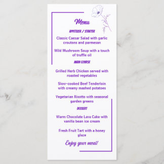 Modern Purple Line Art Floral Wedding Menu Card Meny