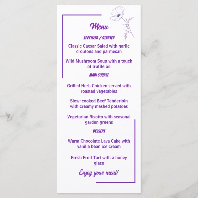 Modern Purple Line Art Floral Wedding Menu Card Meny (Framsida)