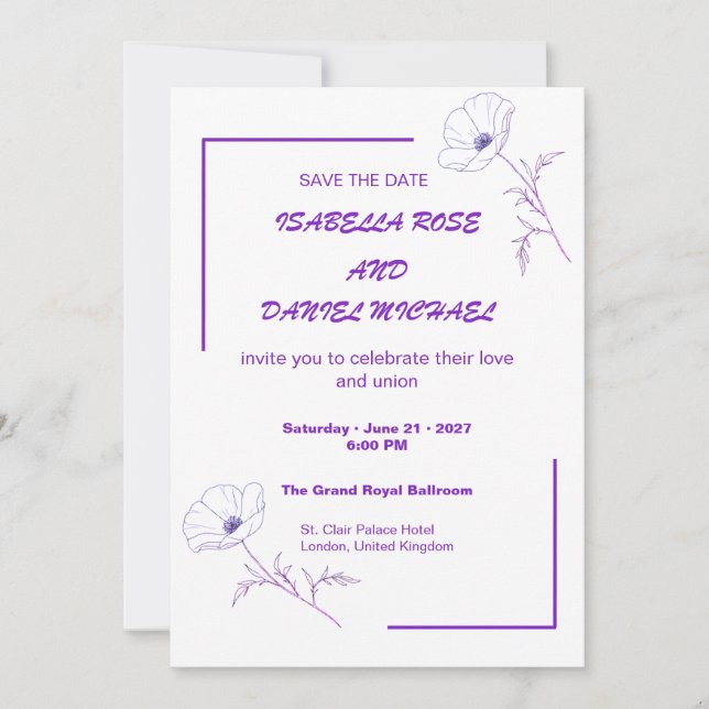 Modern Purple Line Art  Save the Date Wedding Card Spara Datumet (Framsida)