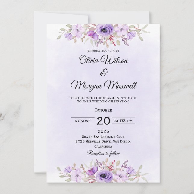 Modern Purple Minimalist Floral Wedding Invitation Inbjudningar (Framsida)