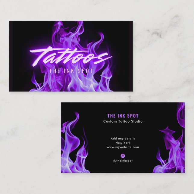 Modern Purple Neon Flames Tatuering Konstnär Visitkort (Fram/baksida)