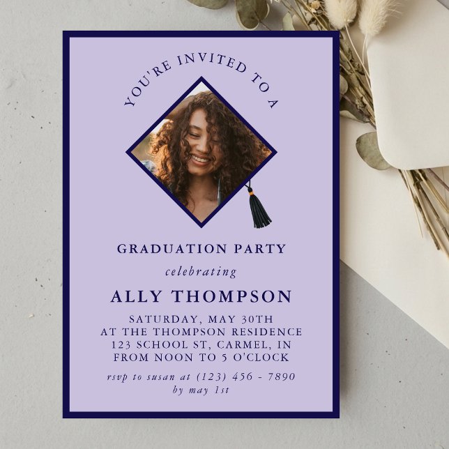 Modern Purple Photo Frame Graduation Party Inbjudningar (Modern Purple Photo Frame Graduation Party Invitation)