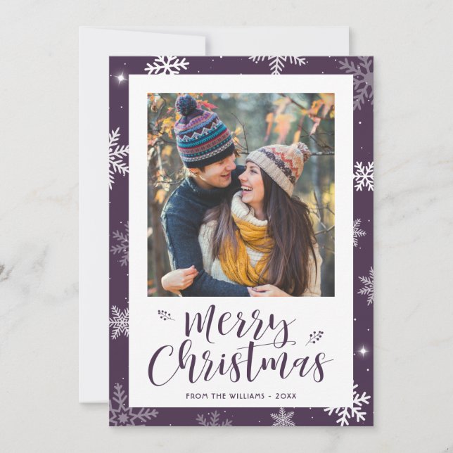 Modern Purple Snowflake Photo Christmas Julkort (Framsida)