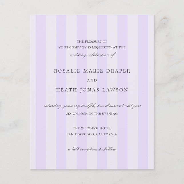 Modern Purple Stripes Budget Wedding Invite Flygblad (Framsidan)