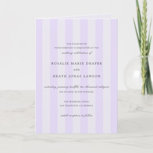 Modern Purple Stripes Elegant Wedding Inbjudan (Framsida)