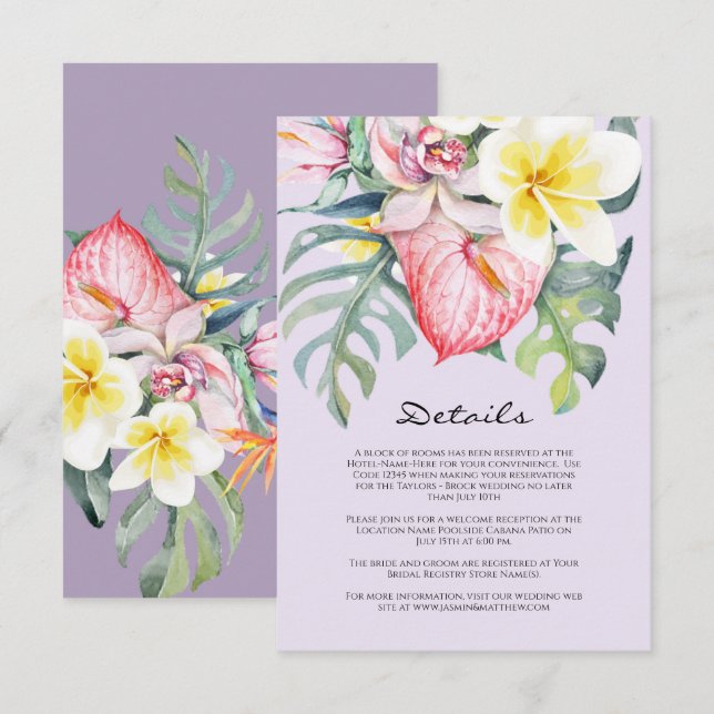 Modern  Purple Tropical Floral Hawaii Wedding Tilläggskort (Fram/baksida)