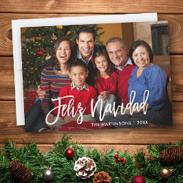 Modern Push Script Feliz Navidad Family Photo Julkort