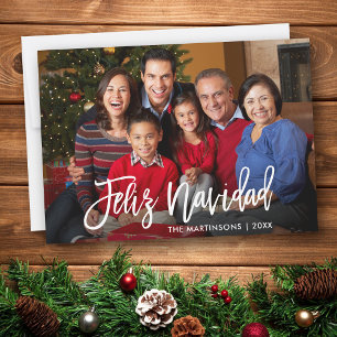 Modern Push Script Feliz Navidad Family Photo Julkort