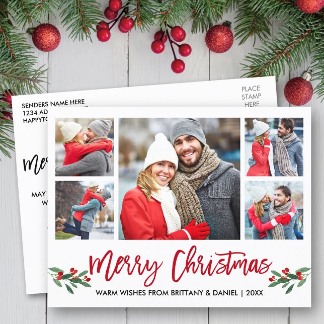 Modern Push Script Red 5 Photo God jul Vykort (Customize to change your personalized text size or text style.)