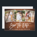 Modern Push Script Rustic Wood 3 Photo Collage Spara Datumet<br><div class="desc">Modern Push Script Rustic Wood Couple 3 Photo Save the Date Förlovning Announcement Card</div>