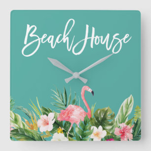 Modern Push Script Tropical Blommigt Beach House Fyrkantig Klocka