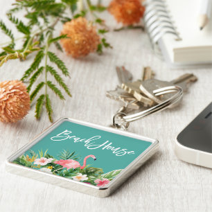Modern Push Script Tropical Blommigt Beach House Fyrkantig Silverfärgad Nyckelring