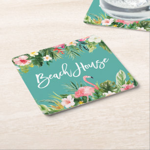 Modern Push Script Tropical Blommigt Beach House Underlägg Papper Kvadrat